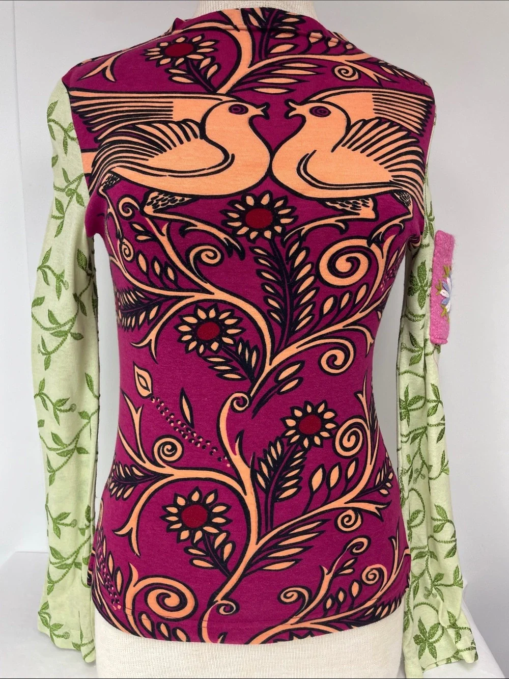 Custo Barcelona Magenta Pink and Peach Floral Bird Long Sleeve Top, Size S